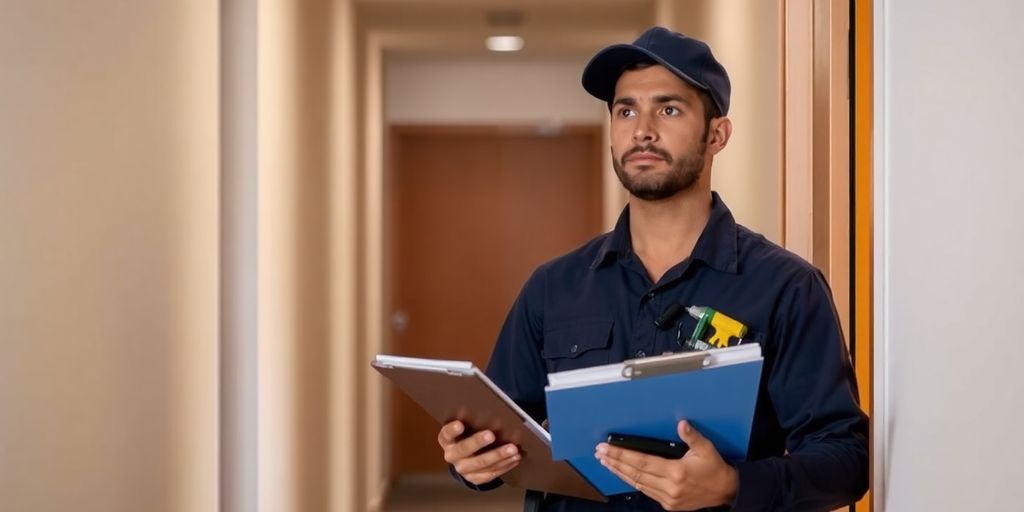 Maintenance worker responding to tenant's request in hallway.