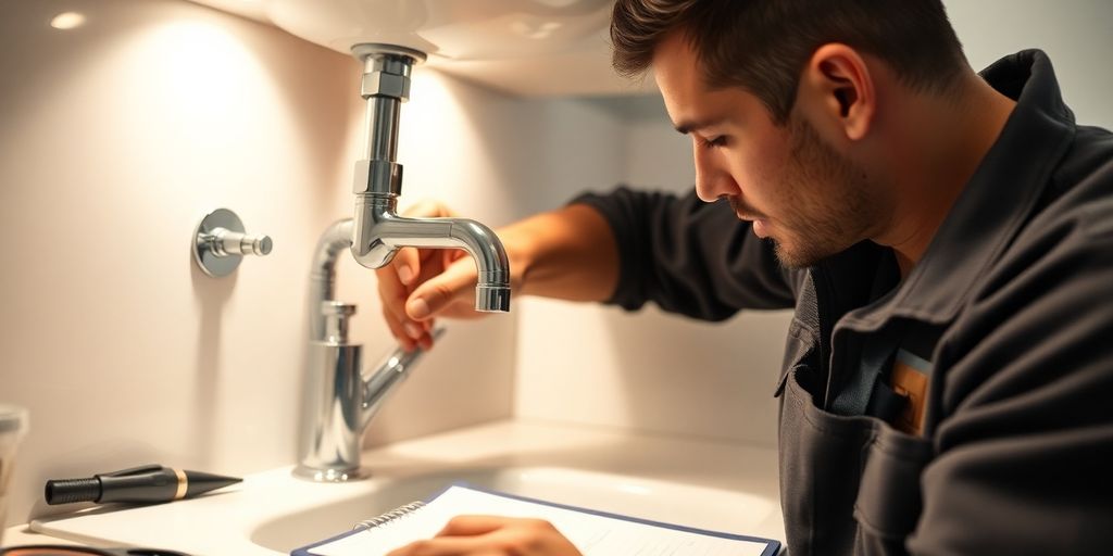 Maintenance technician inspecting plumbing under a sink.