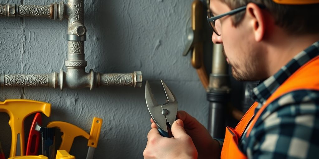Handyman inspecting a broken pipe with tools.