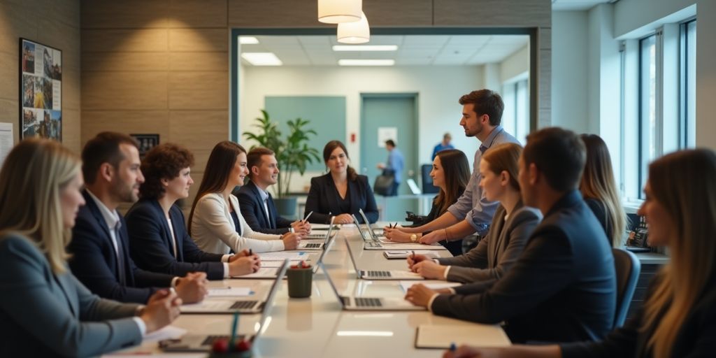 Tax professionals assisting clients in a busy office setting.