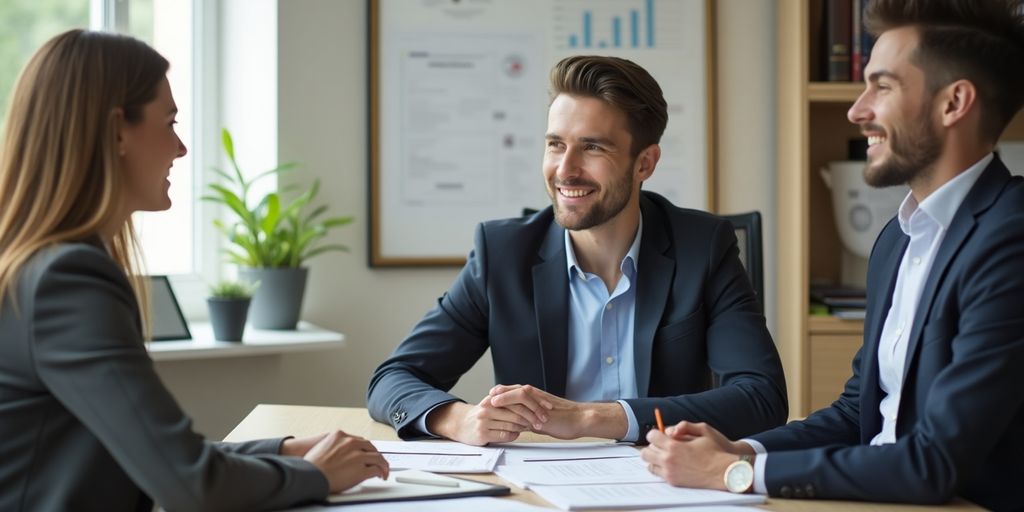 Tax advisor consulting with a client in an office.