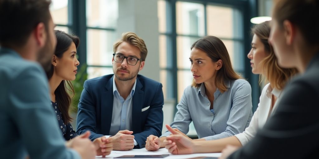Professionals discussing project updates in a modern office.