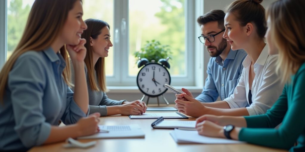 Team discussing project status updates in a meeting.