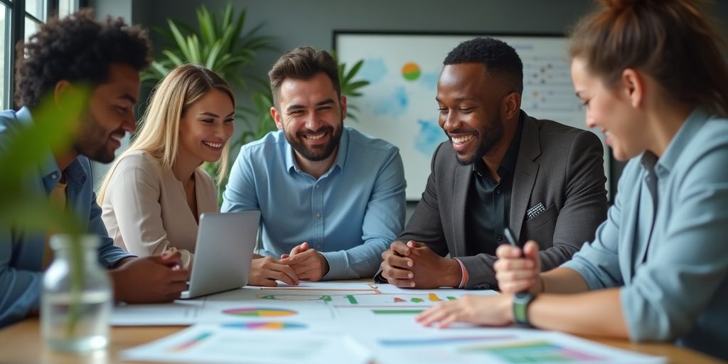 Professionals collaborating on a project in an office setting.