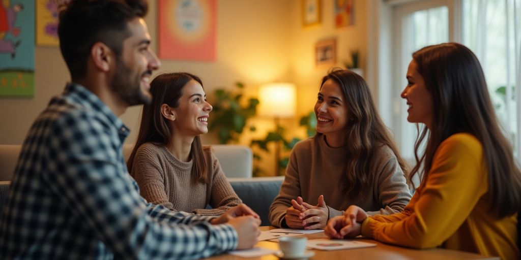 Cozy room with people talking and smiling together.