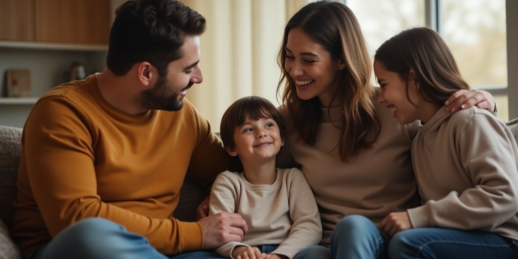 Family engaged in a loving conversation at home.