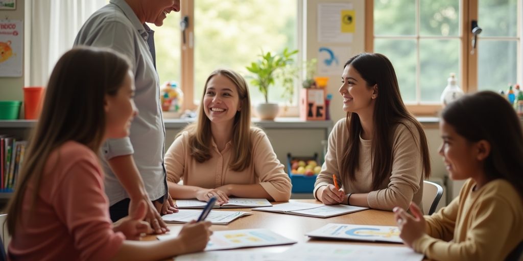 Parents and teachers talking in a bright classroom.