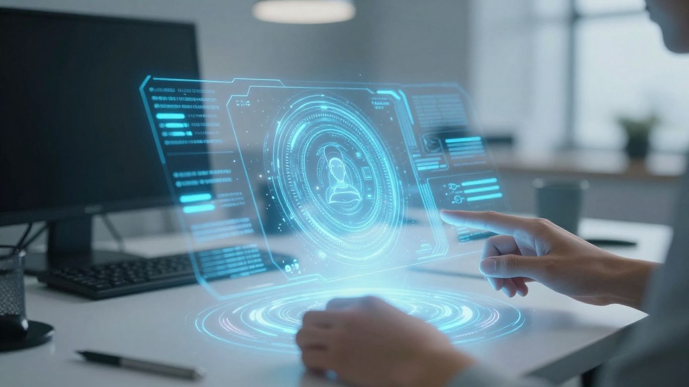 Futuristic AI interface with virtual assistants and data streams.