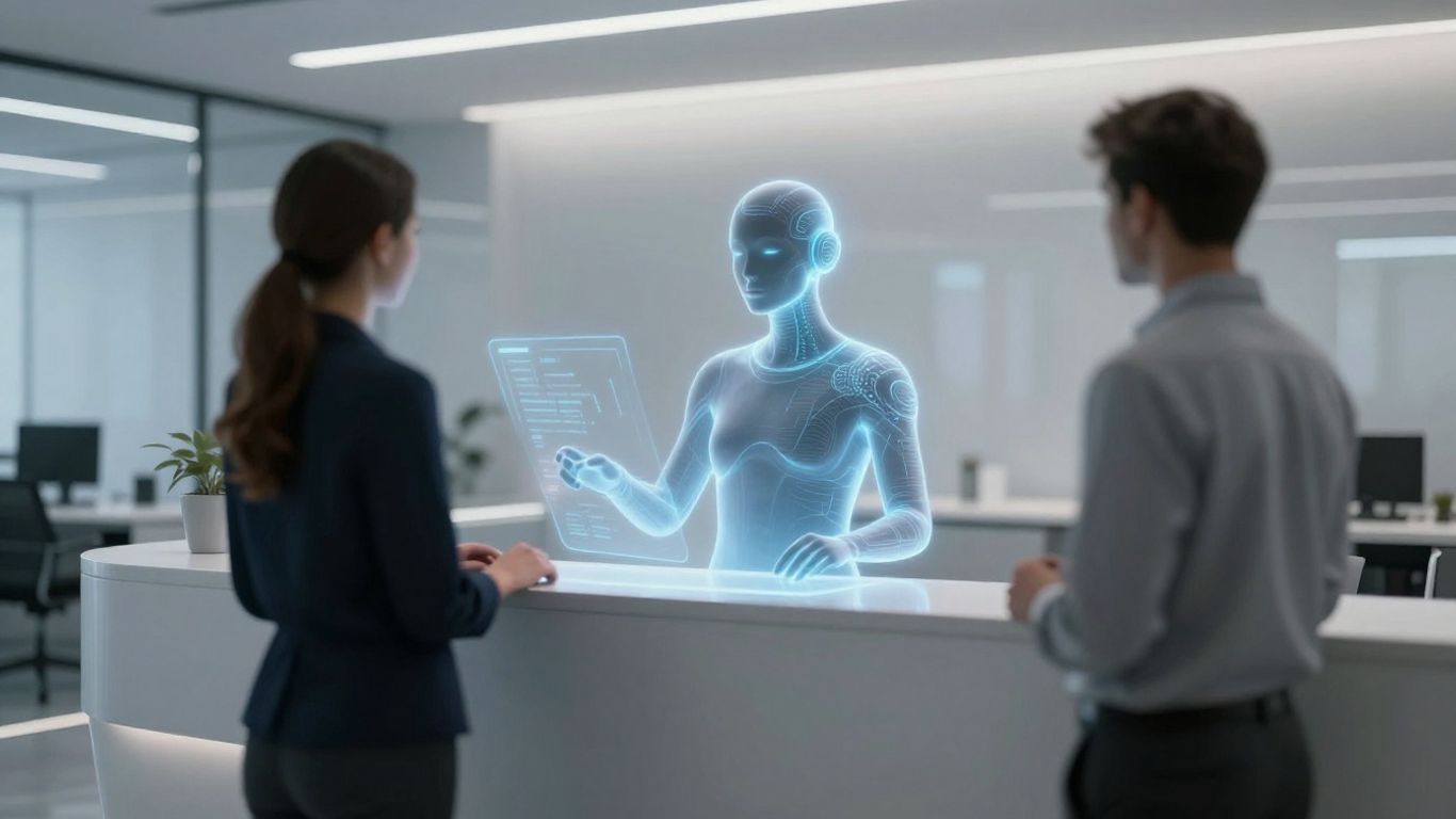 AI receptionist interface in a modern office.