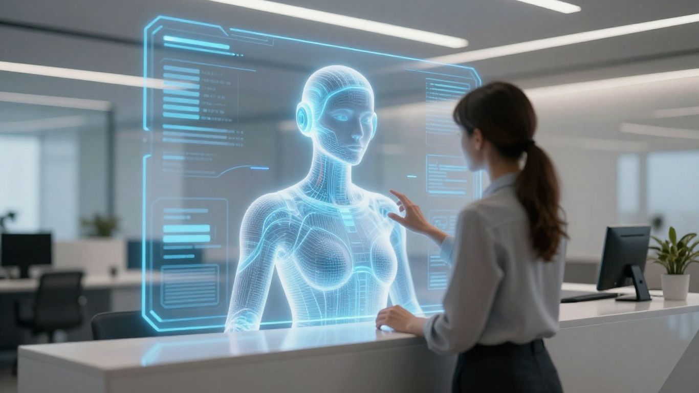 AI receptionist interface in a modern office.