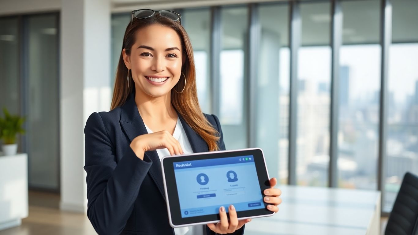 Virtual receptionist interface on a tablet in an office.