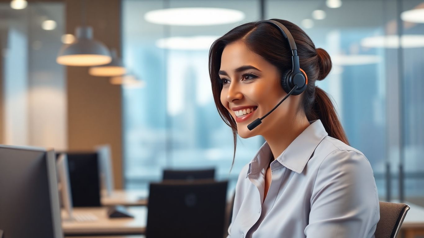 Virtual receptionist communicating professionally in a modern office.