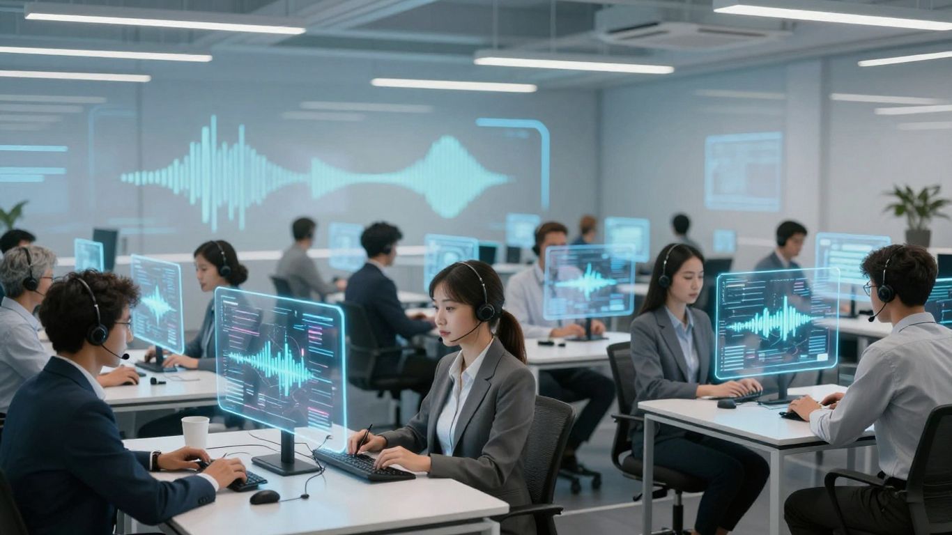 Customer service agents interacting with futuristic AI interfaces.
