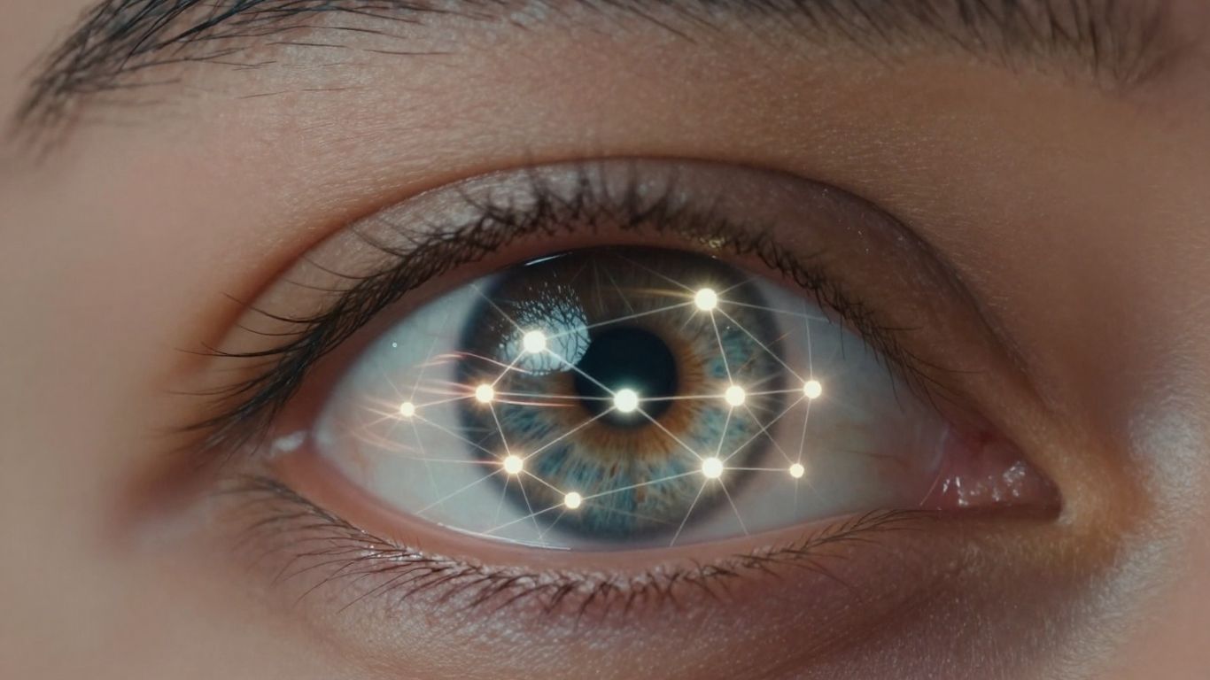 Eye reflecting AI network, conveying speed and intelligence.