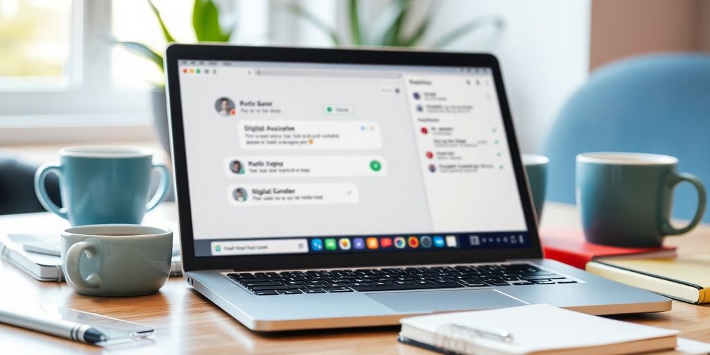 Laptop with digital assistant in a cozy workspace.