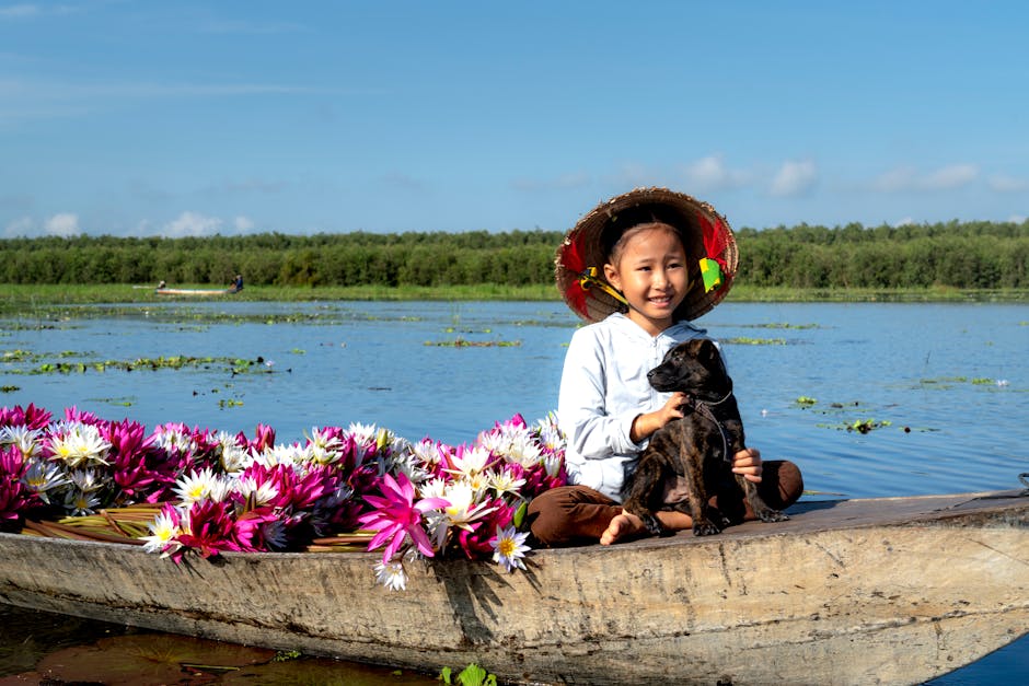 A vibrant image of a smiling phone agent answering calls in a scenic boat rental office by a lake.