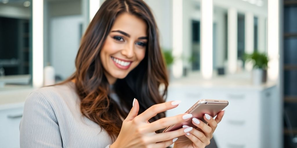 Woman smiling while booking nail appointment on phone