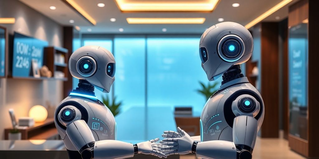 AI assistant interacting with a person at a property management desk.