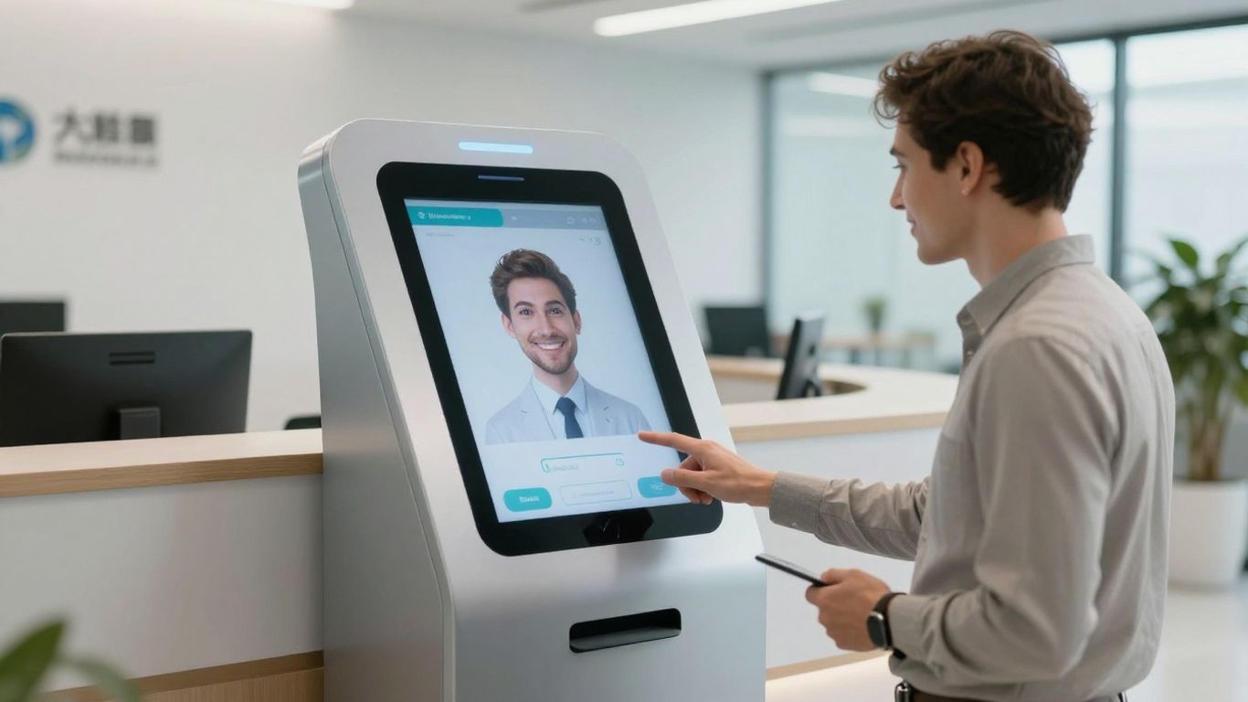 Automated receptionist system interacting with a visitor.