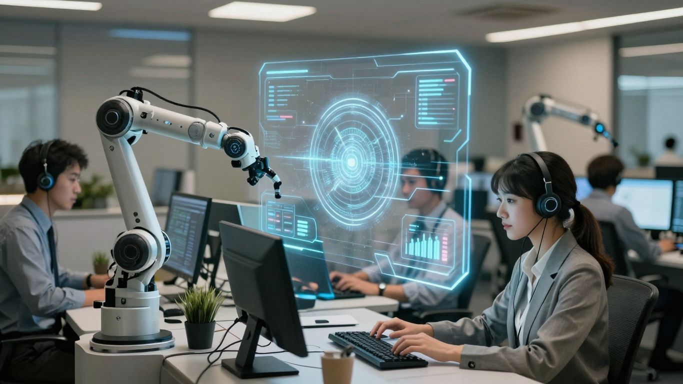 AI customer support automation with robotic arms and human agents.