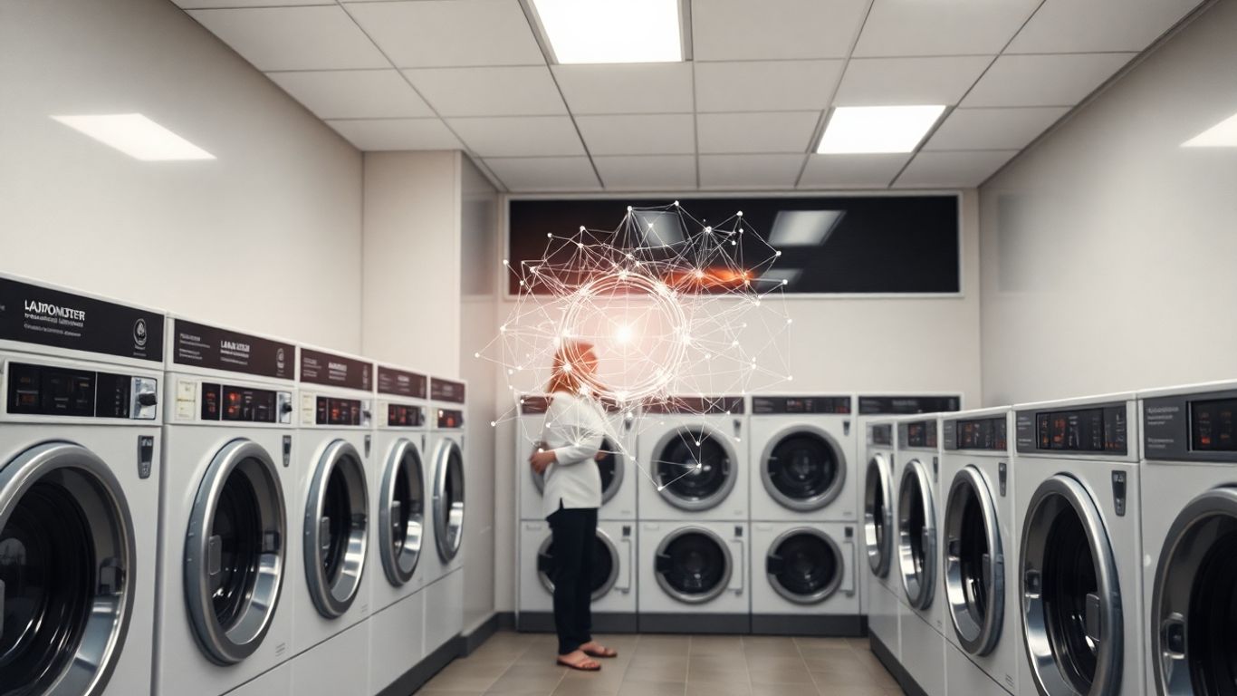 AI chatbot assisting customer in a modern laundromat.