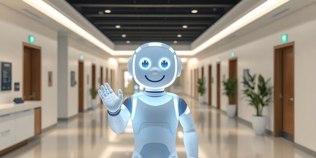 AI receptionist greets patient in modern clinic.