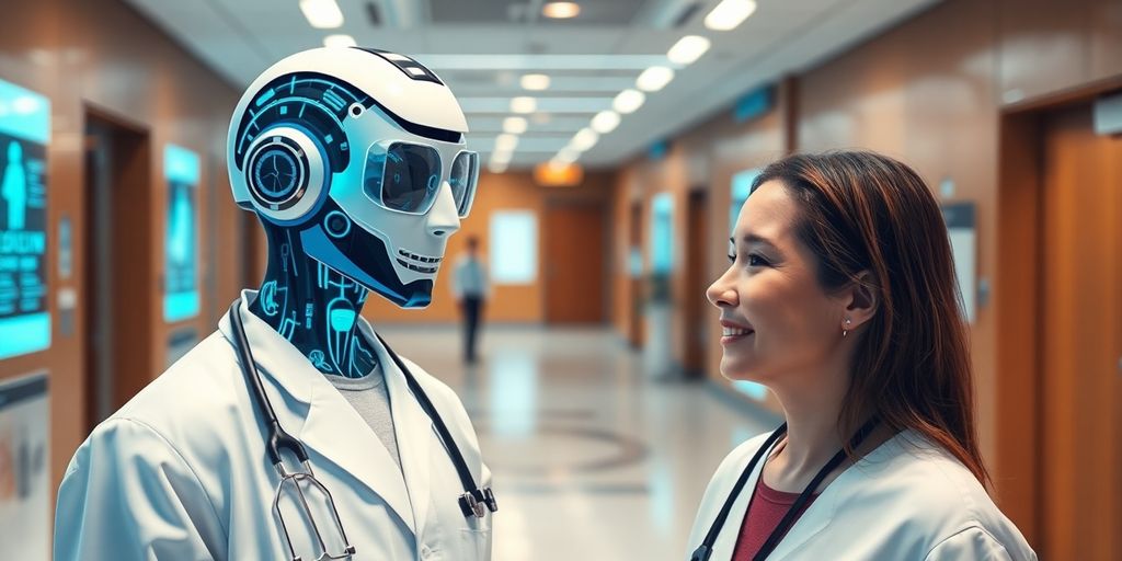 Smiling patient interacting with a holographic AI assistant.