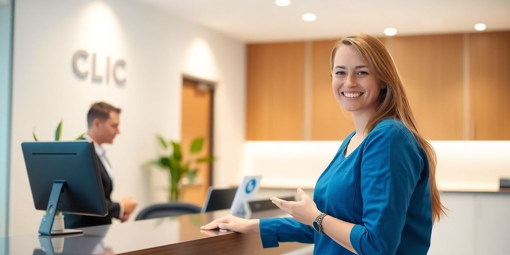 Clinic receptionist smiling at patient.