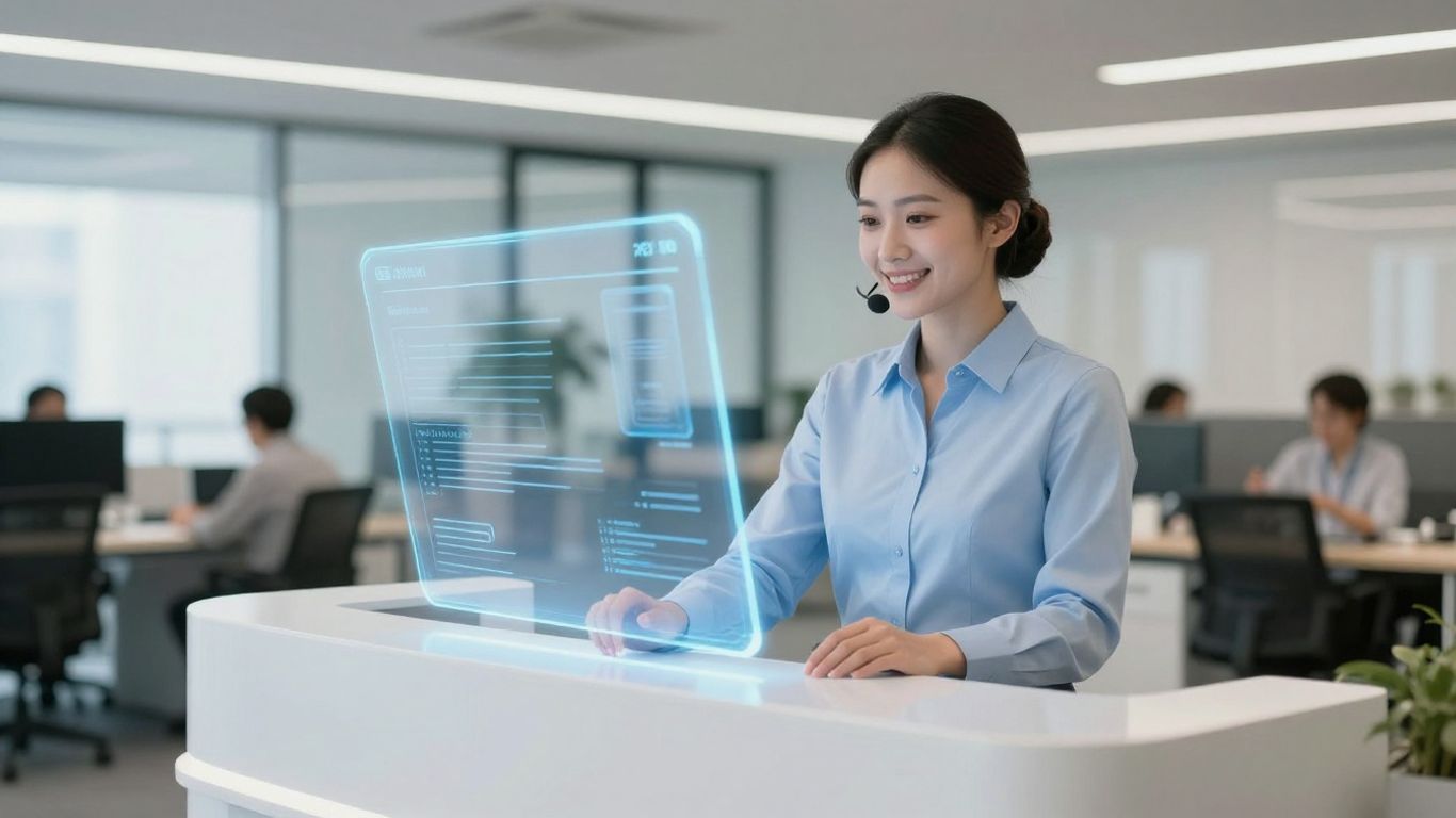 AI receptionist assisting a visitor at a modern office desk.