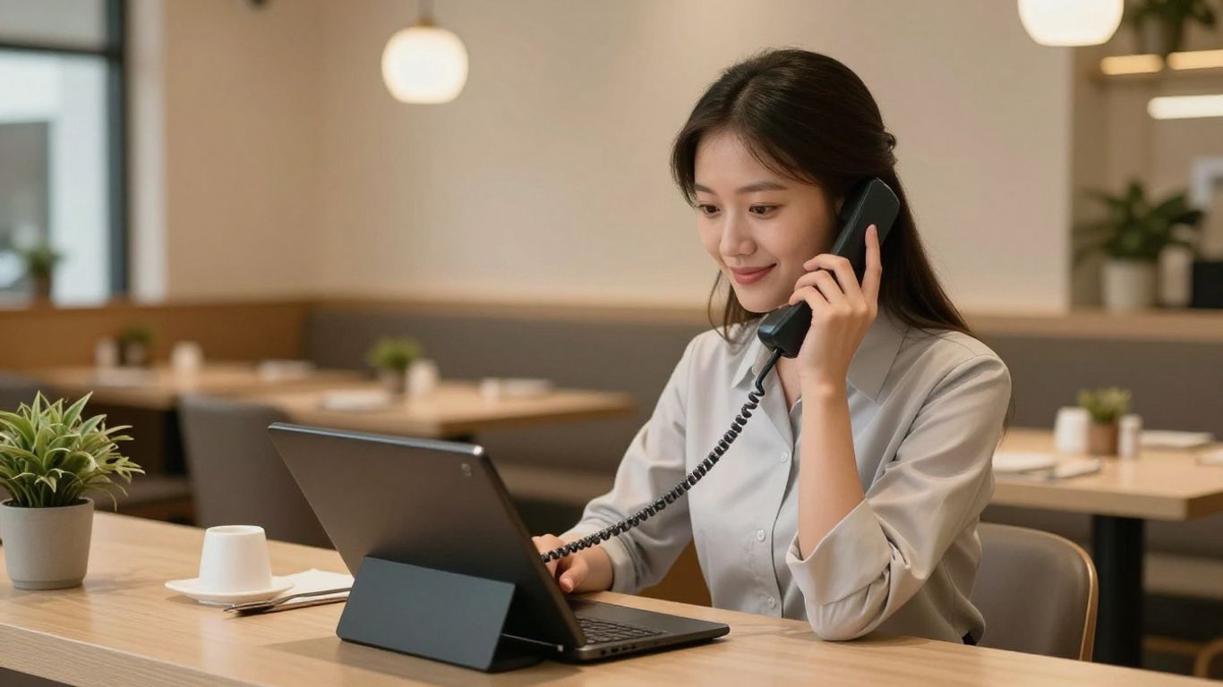 Hostess answering restaurant phone with reservation tablet