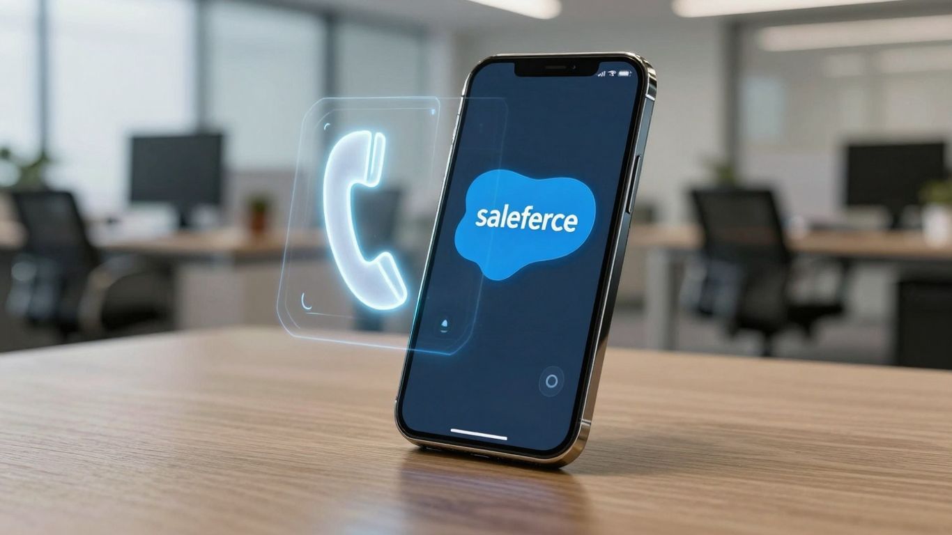 AI receptionist integrating with Salesforce on a smartphone.