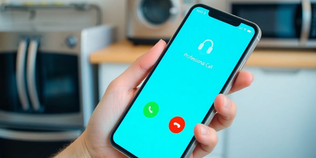 Hand holding phone near appliance.