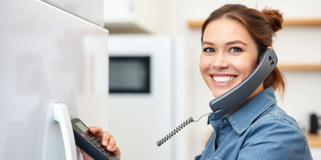 Appliance repairman answering phone with a smile.