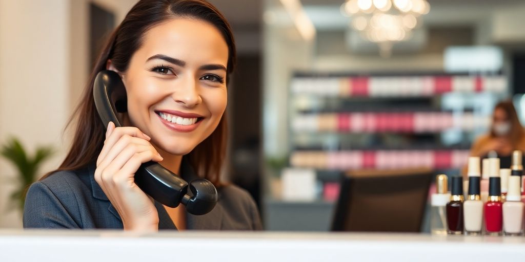 Nail salon receptionist talking on phone.