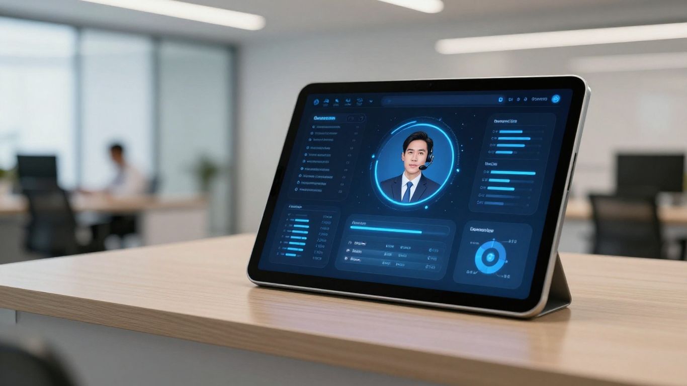 AI receptionist interface on a tablet in a clean office.