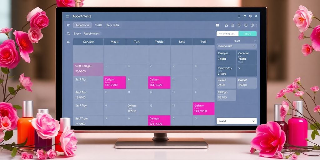 Nail salon appointment booking interface with glowing icons.
