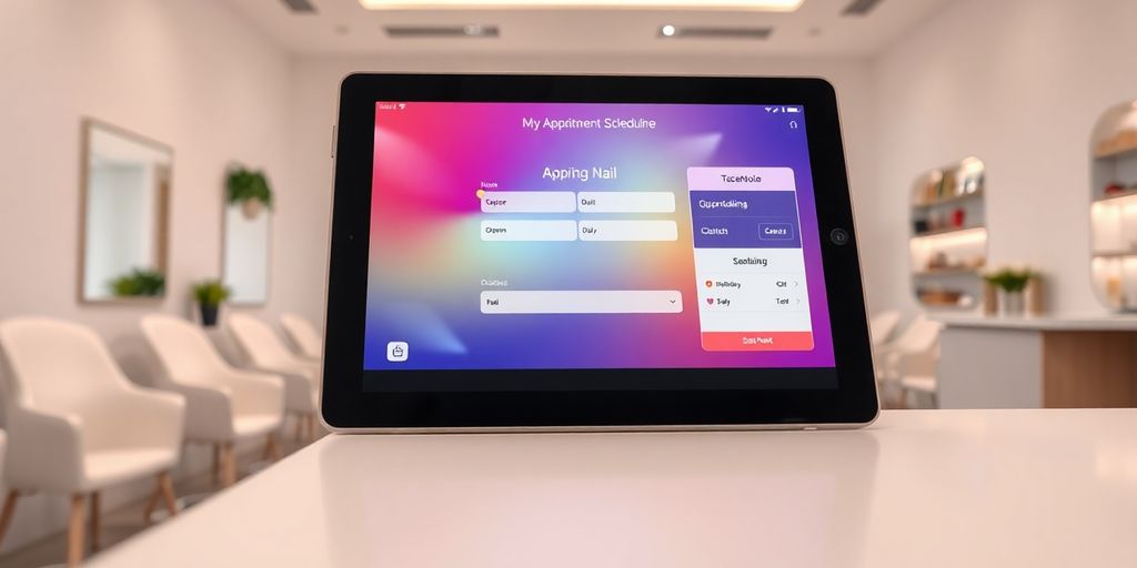 Nail salon interior with AI booking interface