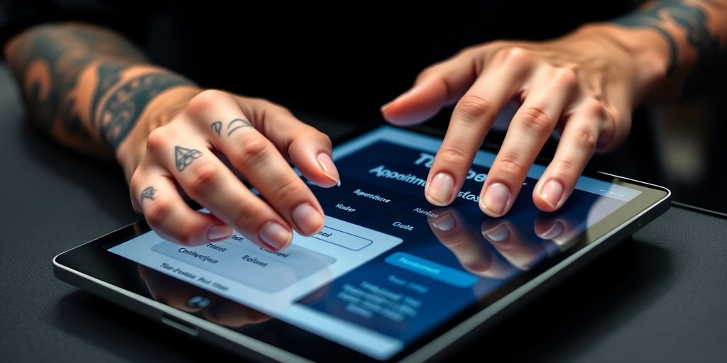 Tattoo artist using AI appointment setter on tablet