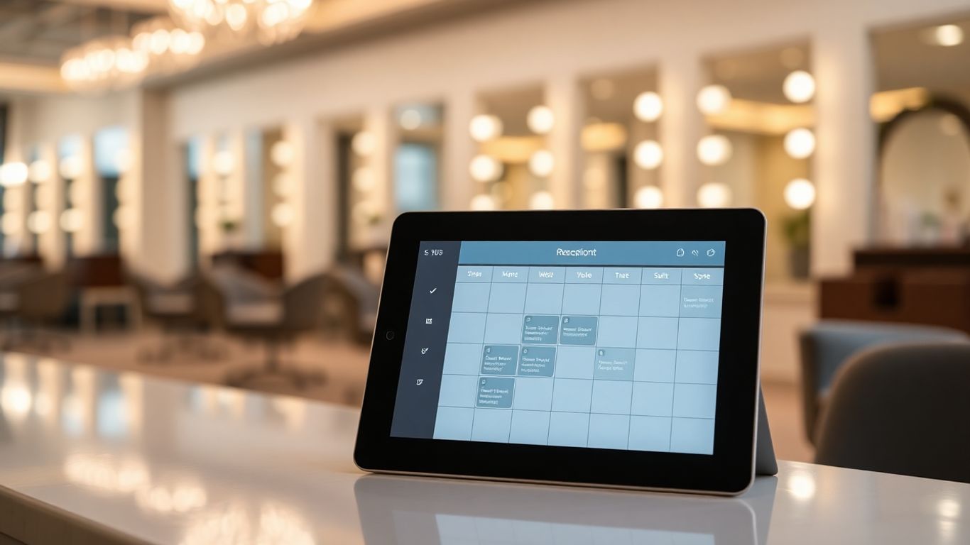 AI receptionist tablet displaying salon appointments