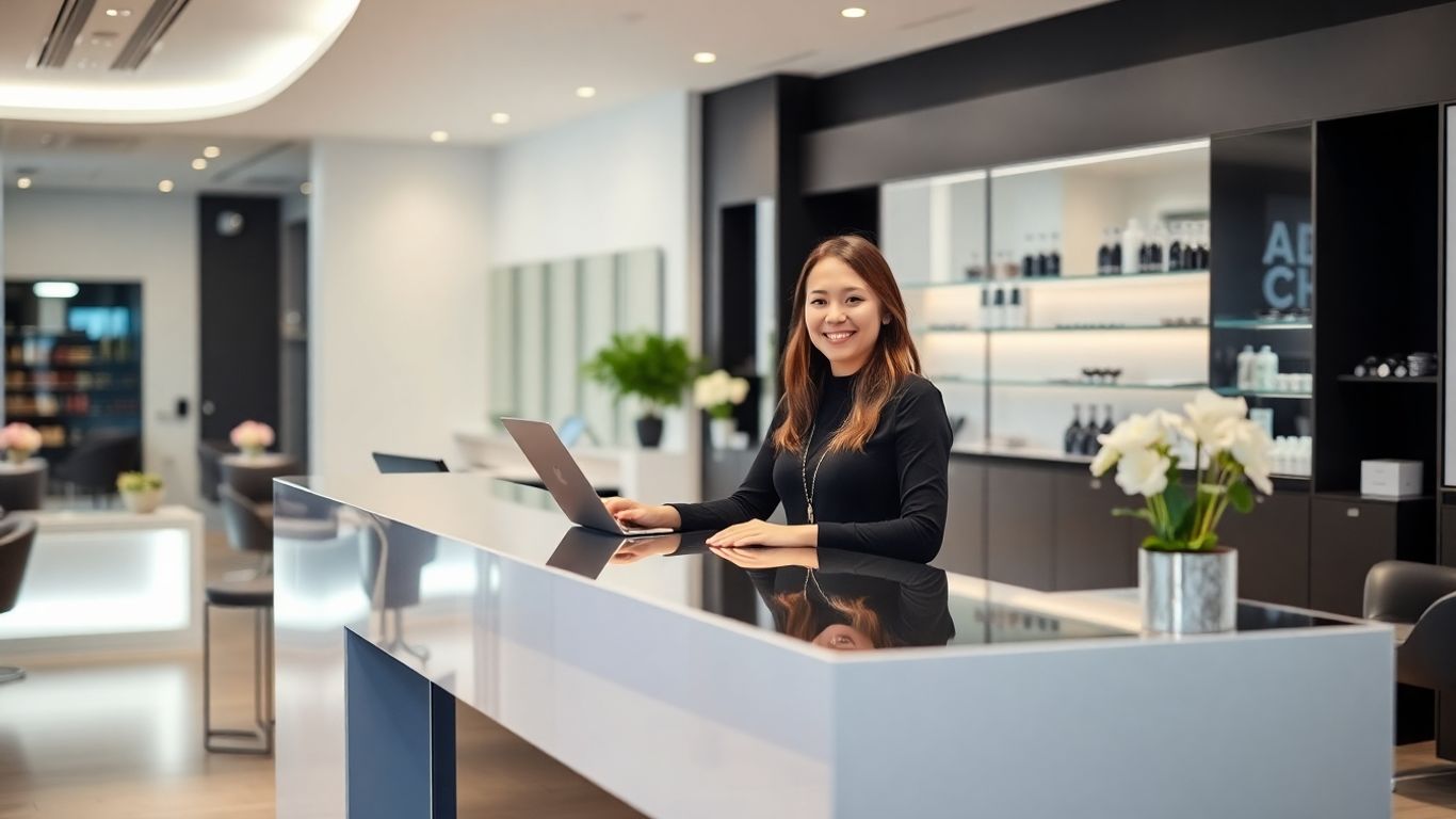 Salon receptionist assisting a client at a desk.