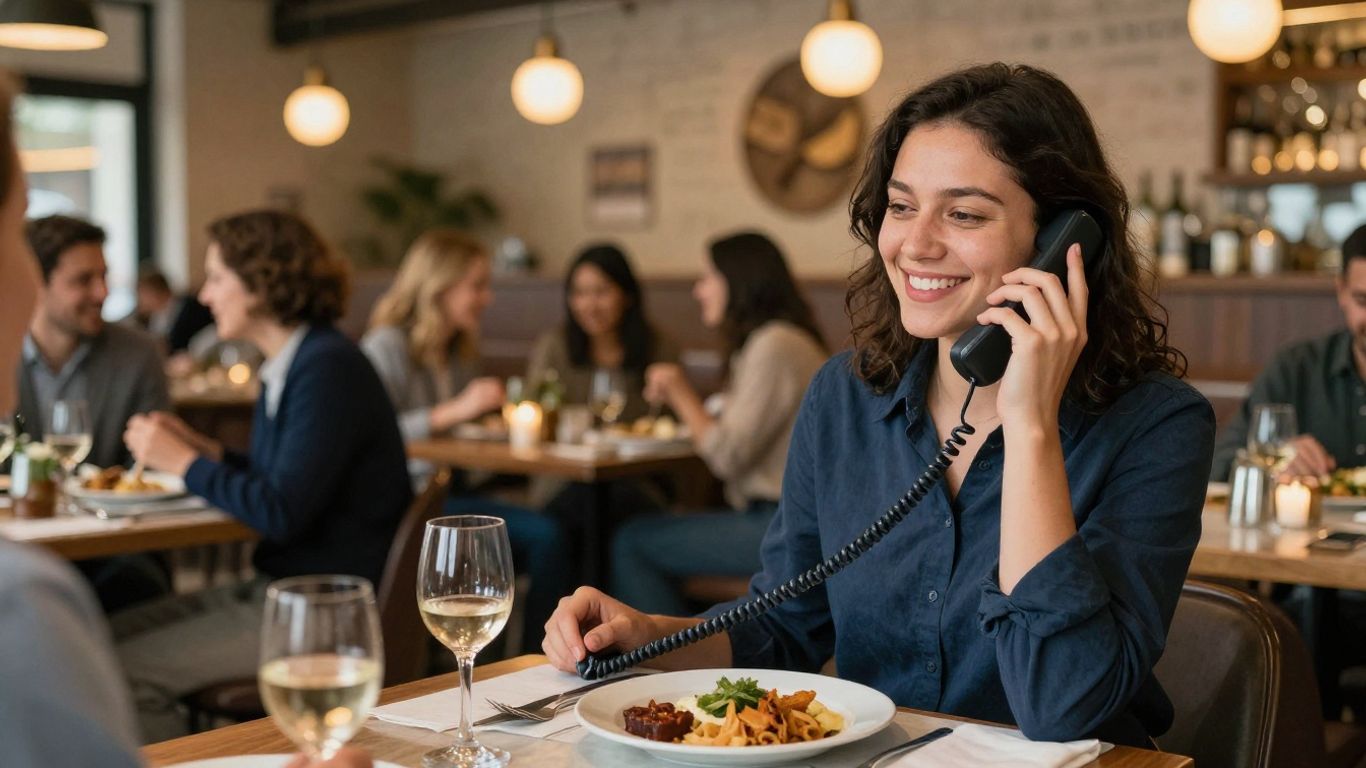 Restaurant host answering phone, happy diners in background.
