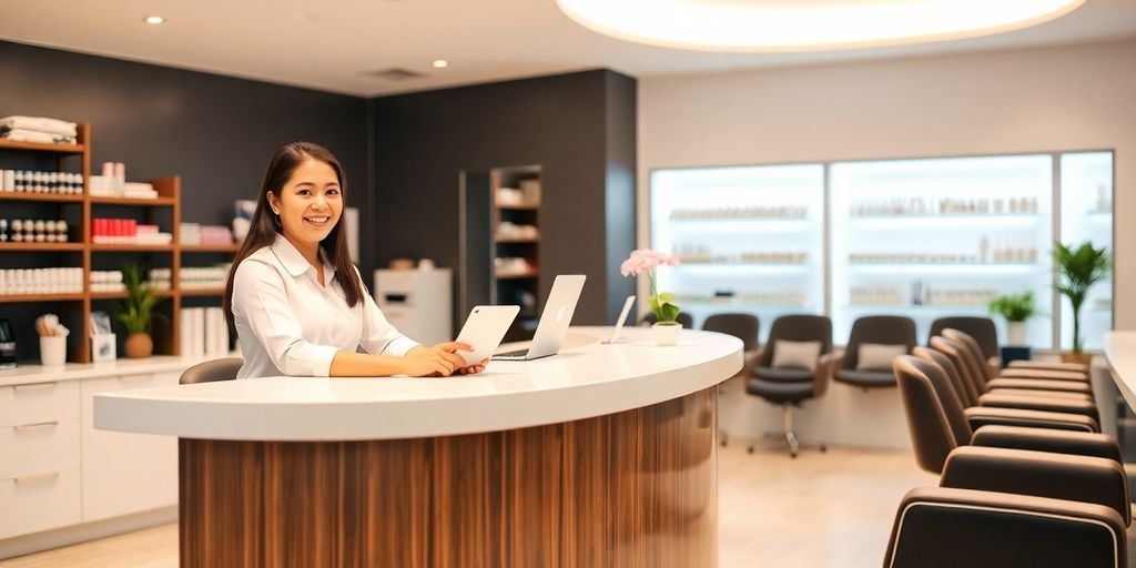 Nail salon receptionist managing appointments.
