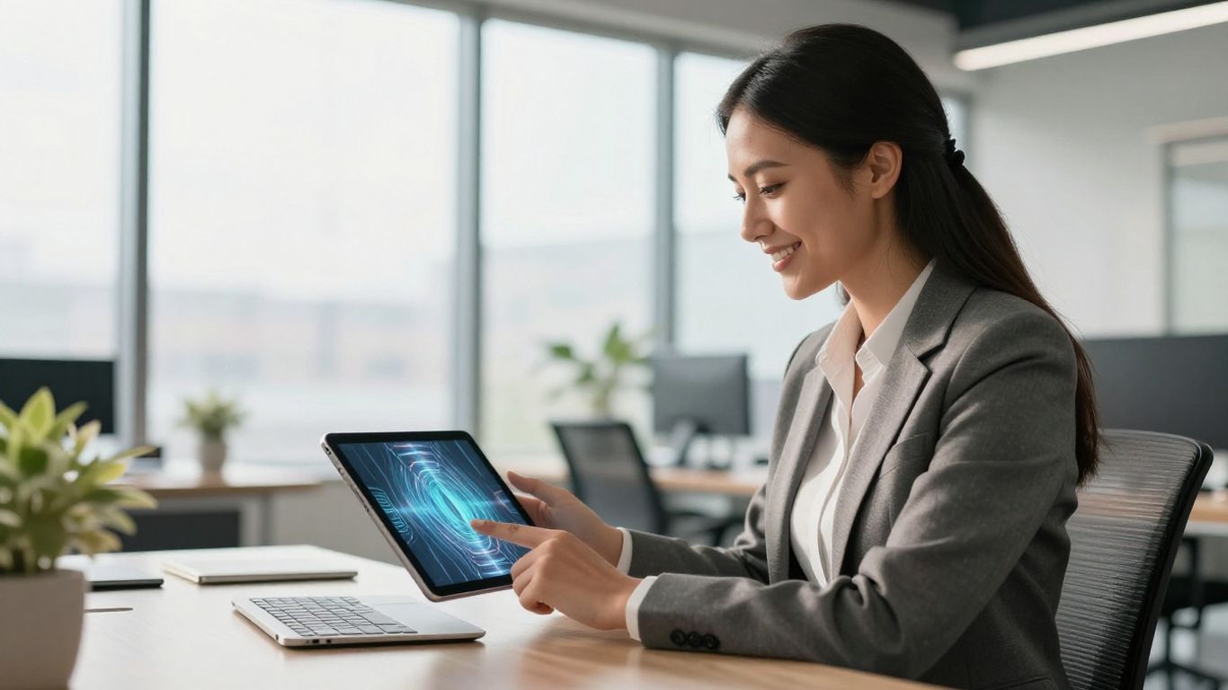 Realtor using AI automation on a tablet.