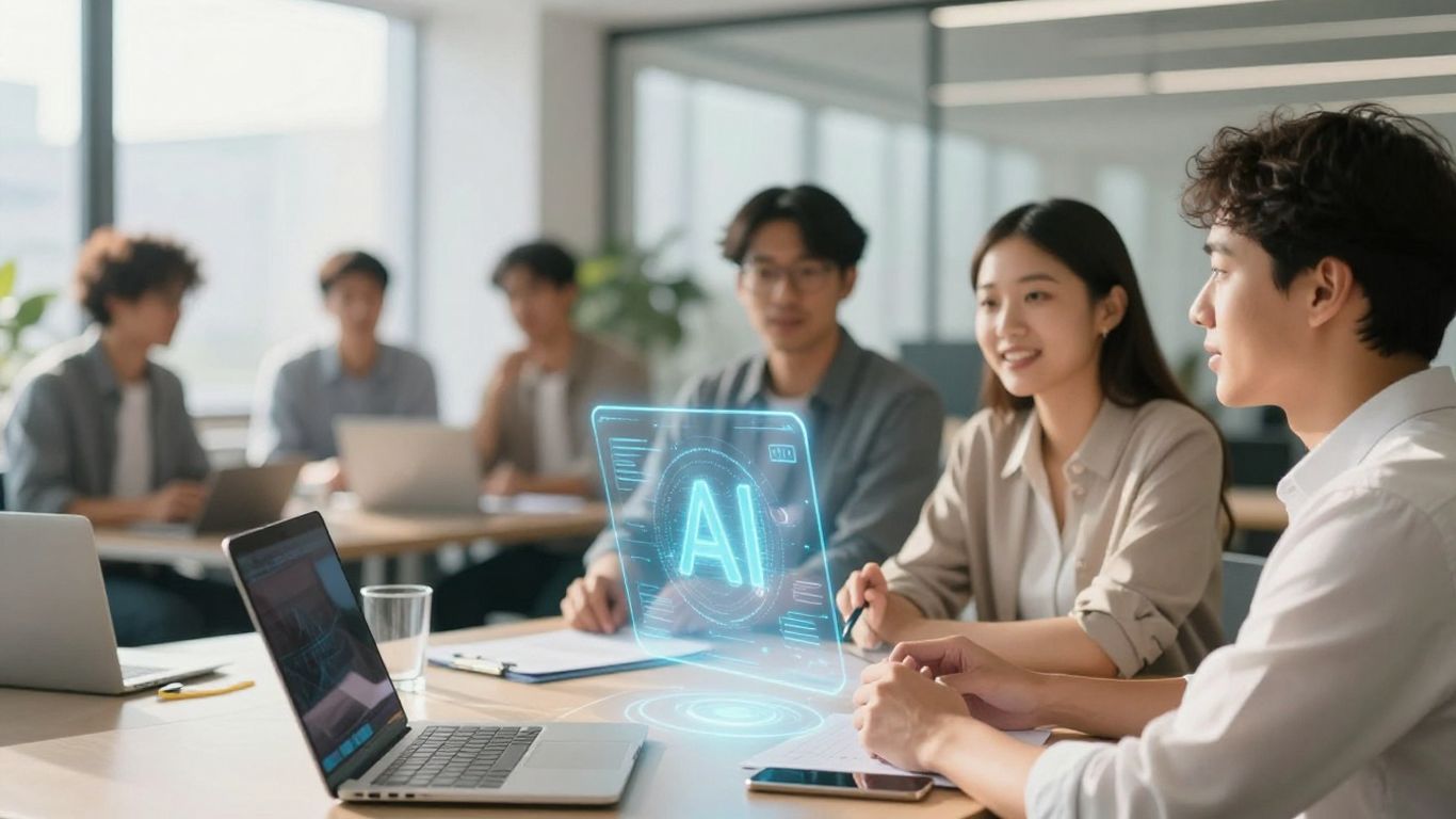 Entrepreneurs interacting with AI technology in a modern office.