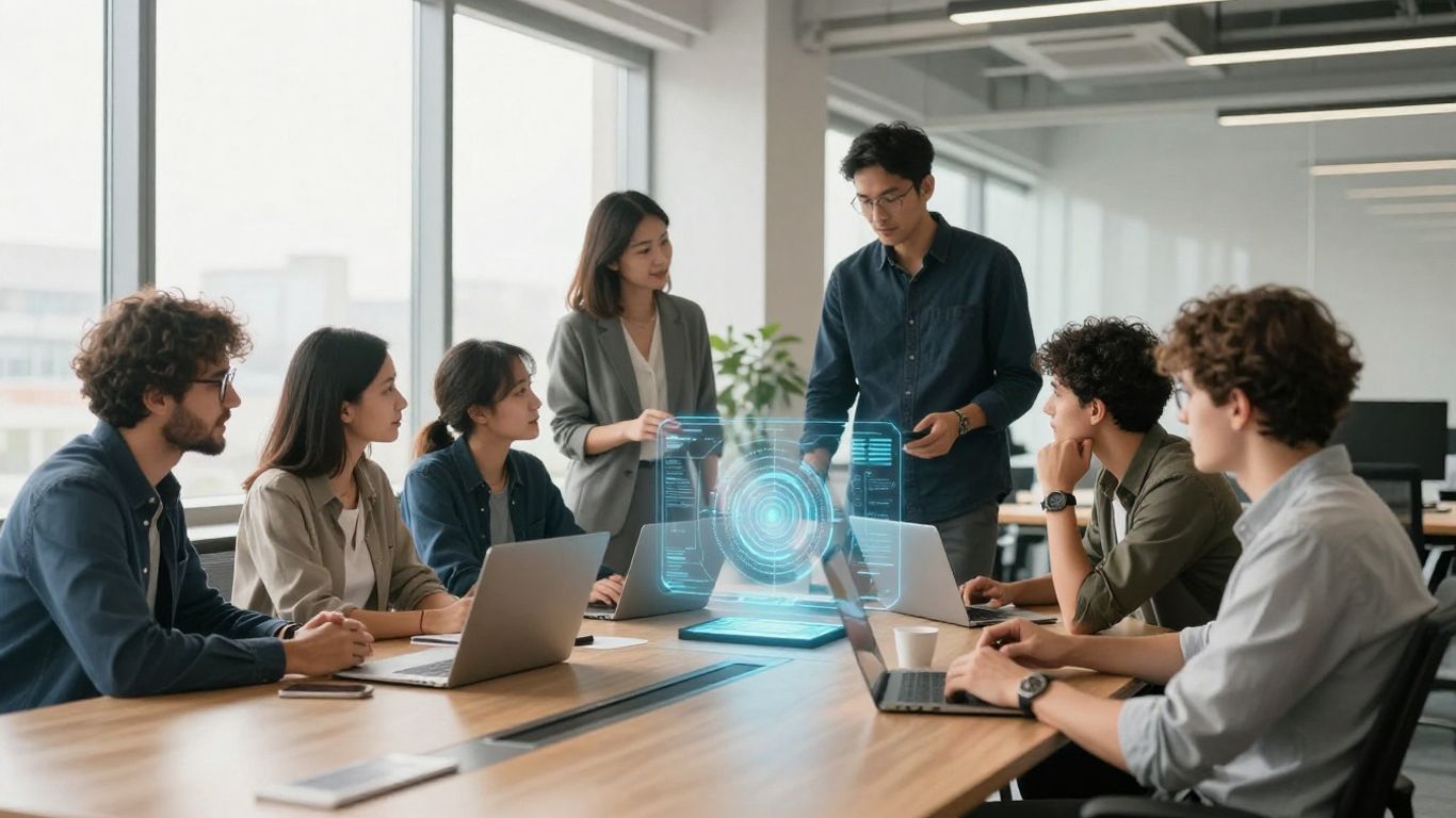 Entrepreneurs working with advanced AI phone receptionist technology.