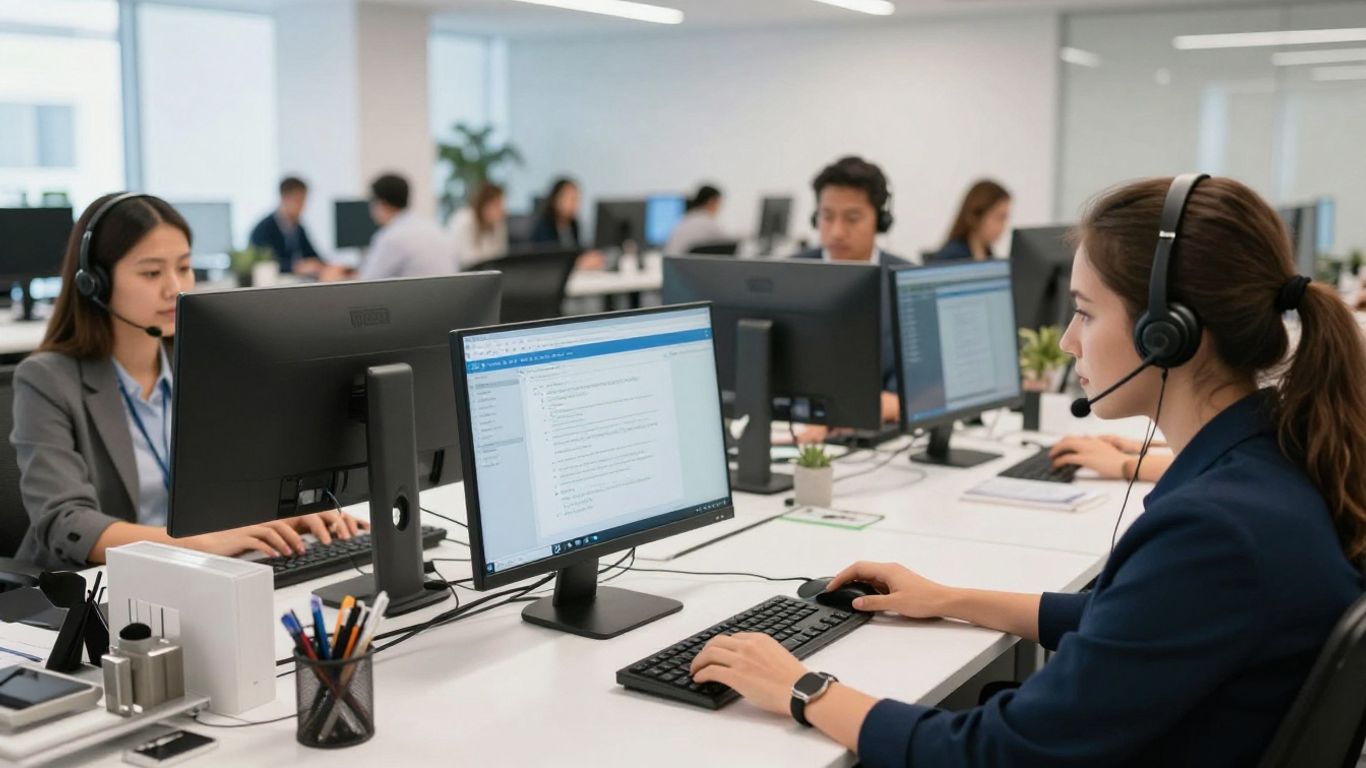 Business professionals using technology in a modern office
