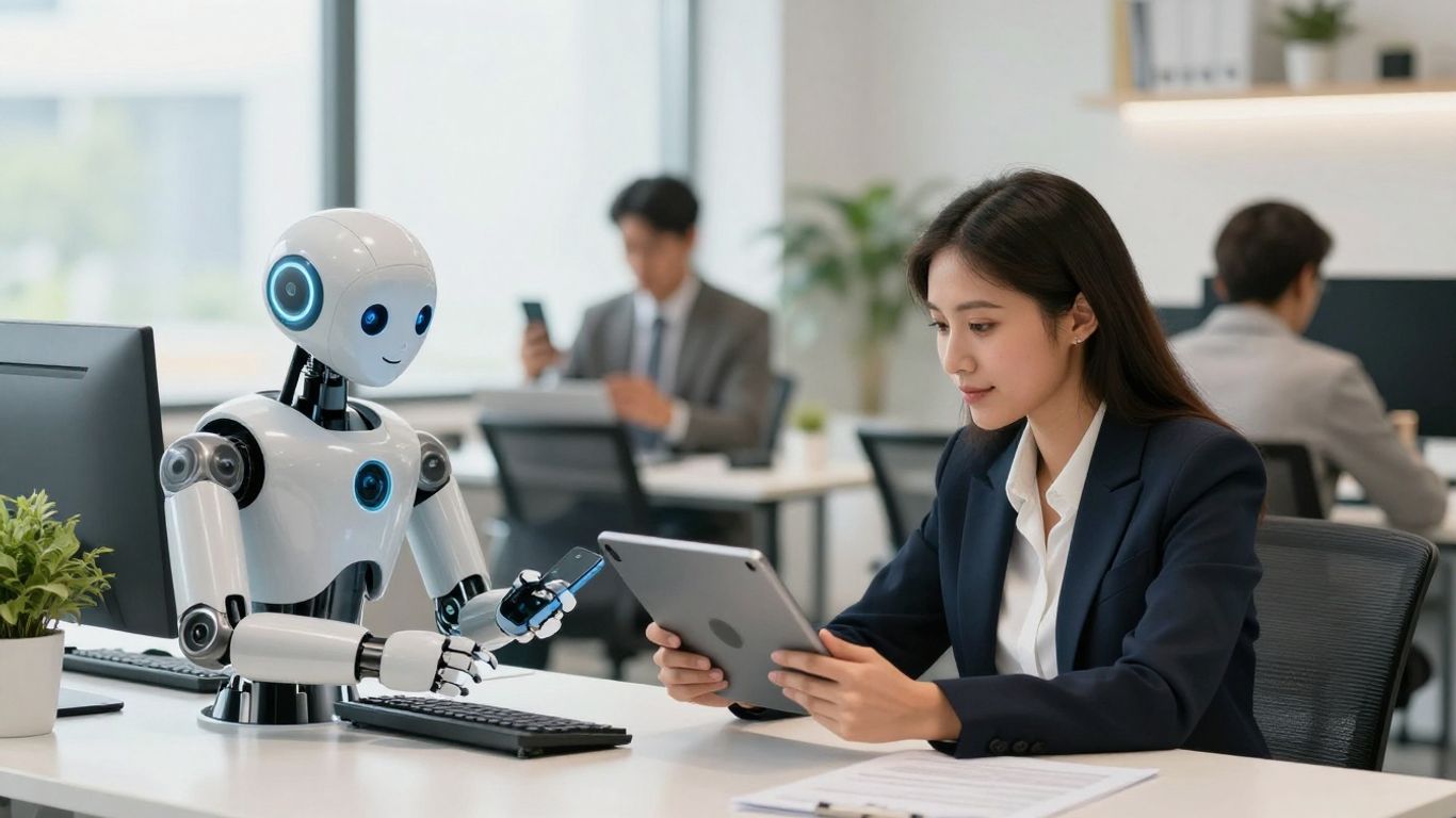 AI robot helping businesswoman schedule appointment