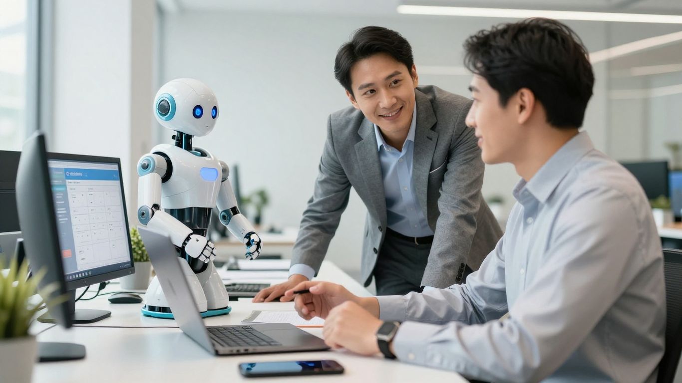 AI robot helping businessperson schedule appointments.