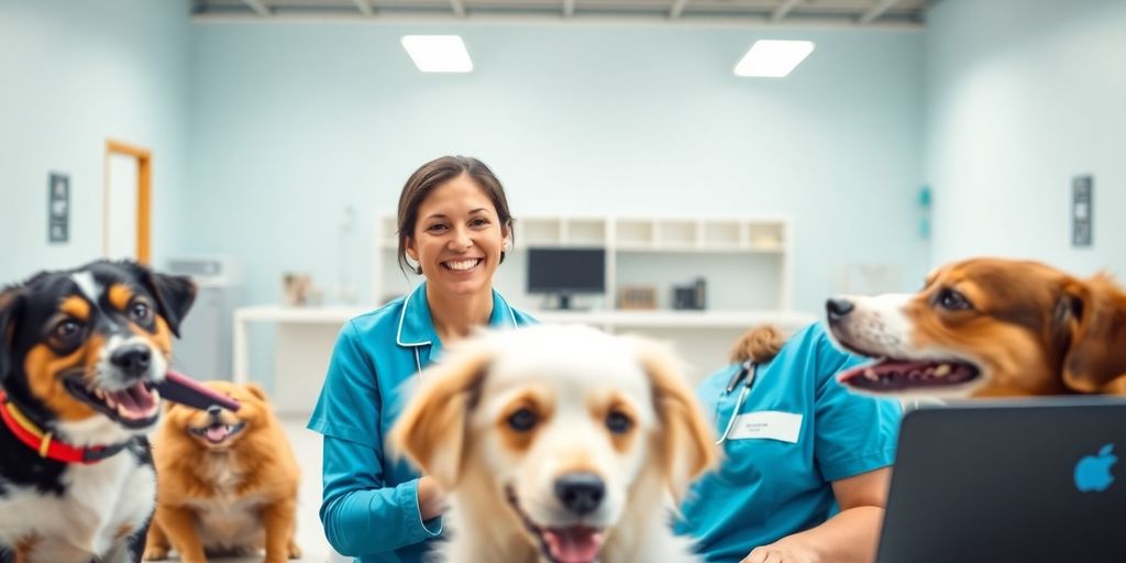 Happy dogs interacting with a virtual receptionist.
