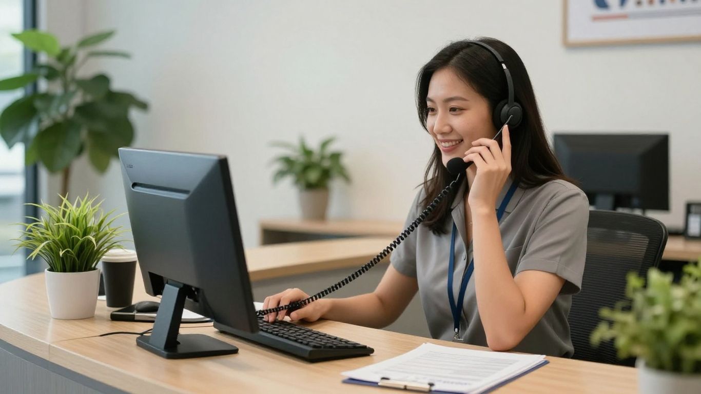 Receptionist at desk in modern Georgia small business office